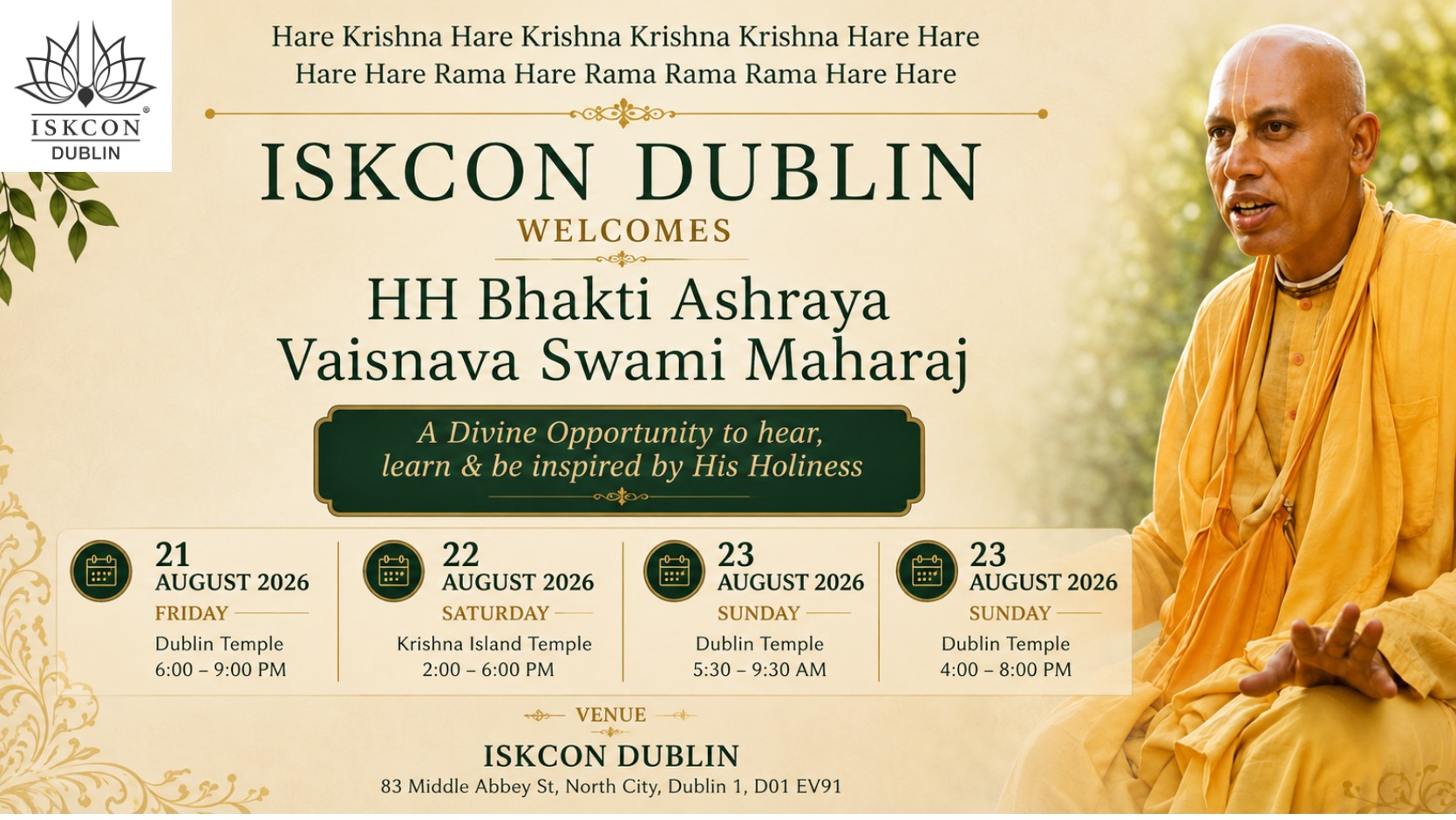 ISKCON Dublin welcomes His Holiness Bhakti Ashraya Vaisnava Swami Maharaj- Sunday Love FeastEvent